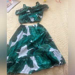 Two piece , palm leaf printed skirt and crop top